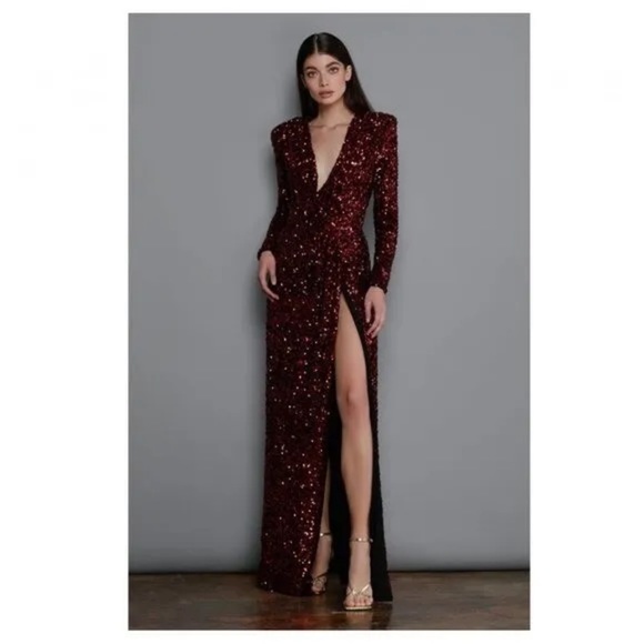 Bronx and Banco Women Long Sleeve Maroon Red Sequin Elizabeth Maxi Dress - Picture 3 of 3